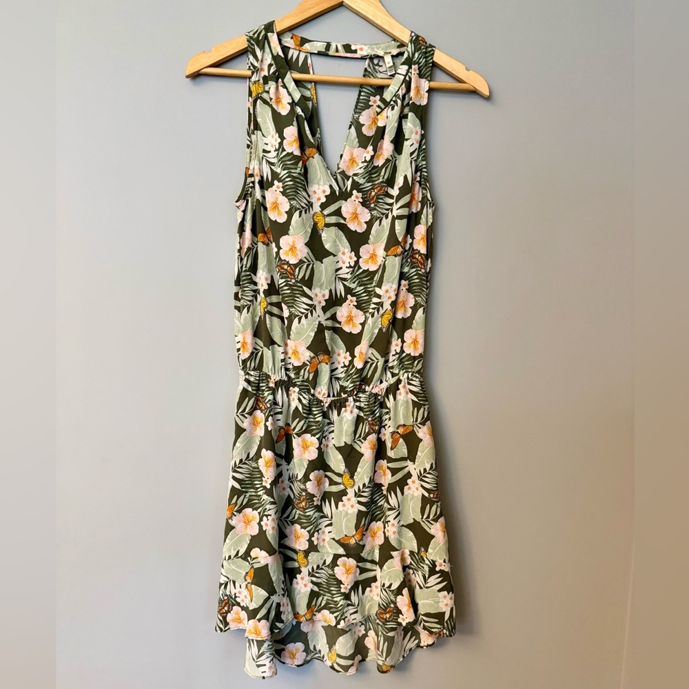 Joie Sabera 100% Silk Short Dress Olive Green Tropical Floral Spring Summer Vaca - Picture 3 of 8